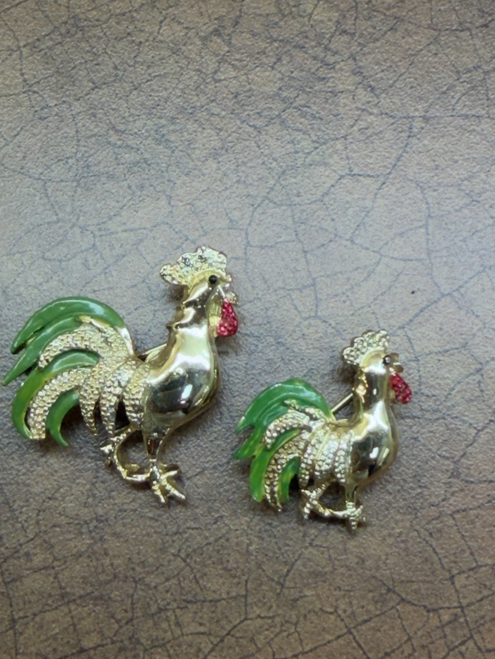 Gold Rooster Brooch Set with Green Enamel Tails